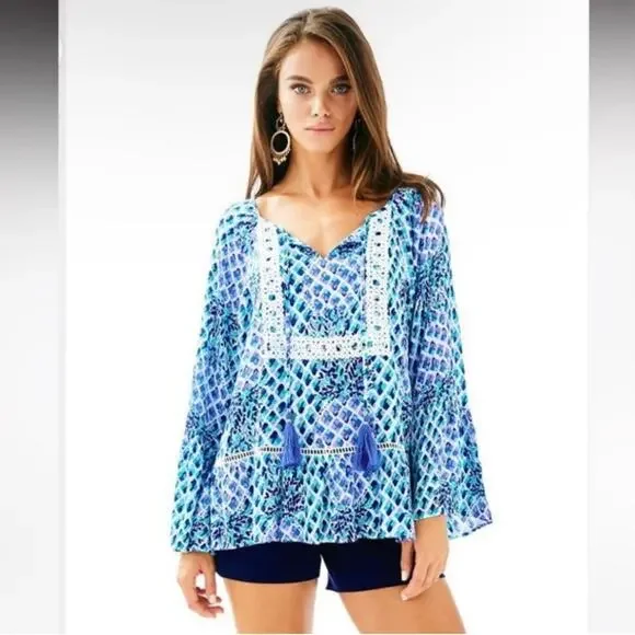 Lilly Pulitzer Amisa Tunic Top Bell Sleeve Crochet Trim Boho Flowy Top Small - Picture 11 of 11